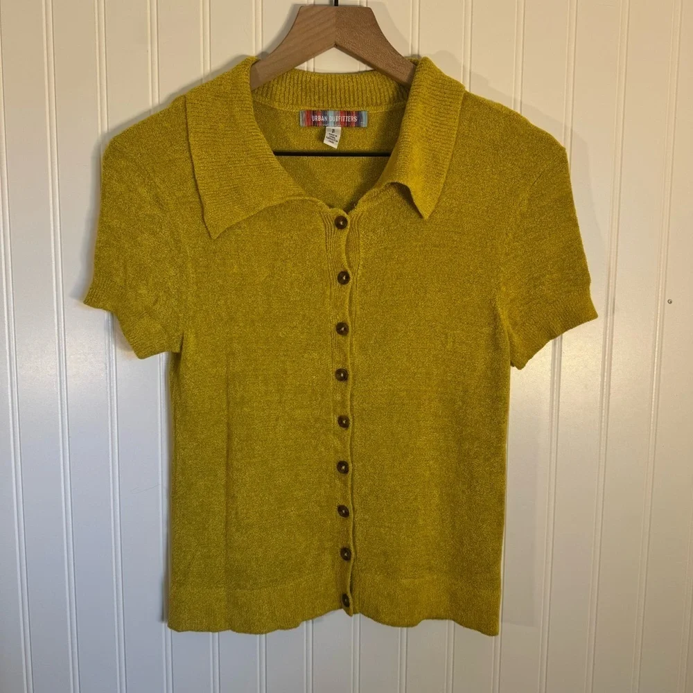 Urban Outfitters Adeline V Neck Collared Cardigan Yellow Women’s Size Small - Picture 2 of 10